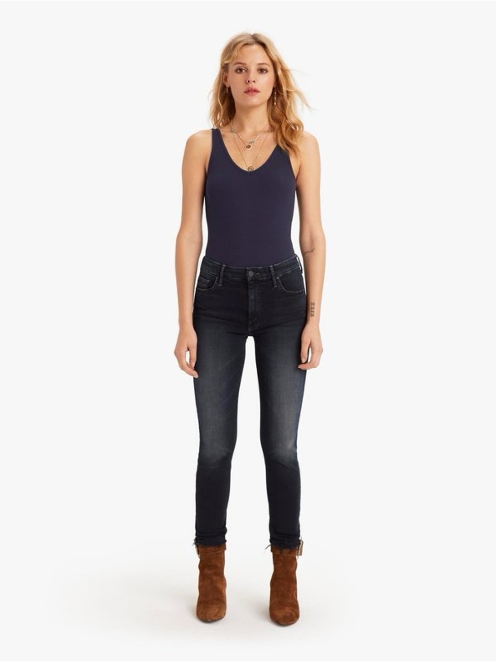 Mother High Waisted Looker Ankle Fray Black jeans